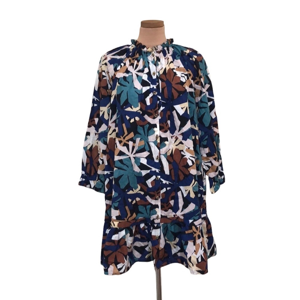 Lilla P Dress Size Medium Teal Blue Brown Floral Print